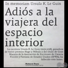 ADIÓS A LA VIAJERA DEL ESPACIO INTERIOR - In memoriam Ursula K. Le Guin - Por MONTSERRAT ÁLVAREZ - Domingo, 28 de Enero de 2018